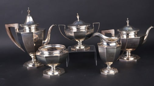 Sterling Silver Five Piece Faceted Tea and Coffee Service