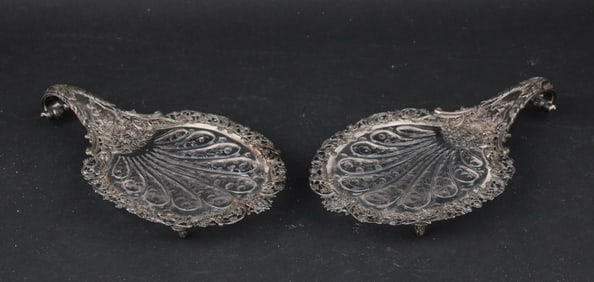 Pair of William Comyns Sterling and Glass Fan Shaped Trays