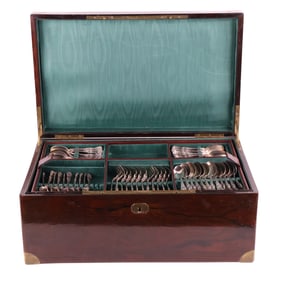 Gorham Sterling "Kings II" Pattern Flatware in Brass Bound Silver Fitted Chest