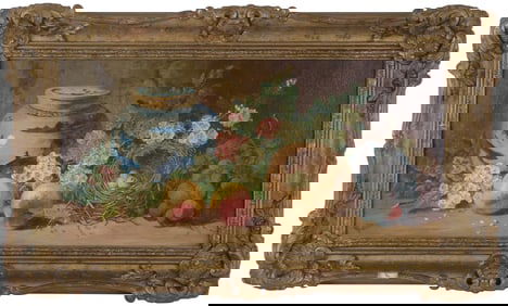 Charles Thomas Bale, English 1855-1923, Still Life with Flowers, Grapes, and Bird's Nest, Oil on