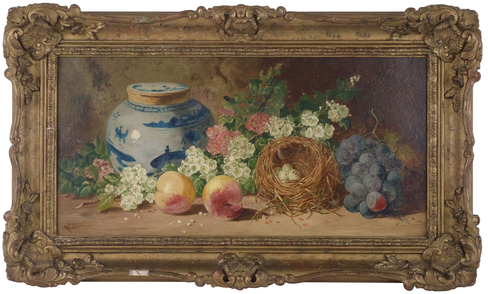 Charles Thomas Bale, English 1855-1923, Still Life with Flowers, Grapes, and Bird's Nest, Oil on: Charles Thomas BaleEnglish, 1855-1923Still Life with Flowers, Grapes, and Bird's NestOil on CanvasSigned l.l.Provenance: Property From The Estate of Barbara Mallory HathawaySight: 11.2 x 23 1/4 in. (