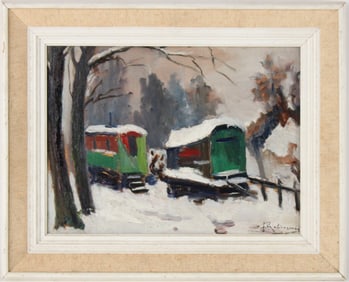 Jan Rijlaarsdam, Dutch 1911-2007, Wagons in the Snow, Oil on Panel