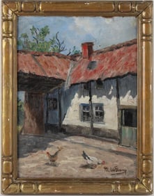 Chickens in Courtyard, Oil on Canvas