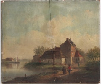 W.V. Velde, Landscape with Figures, Oil on Board