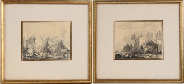 Two Landscapes with Figures, Pen and Ink Drawings