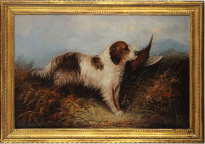 Hunting Dog with Quail, Oil on Canvas