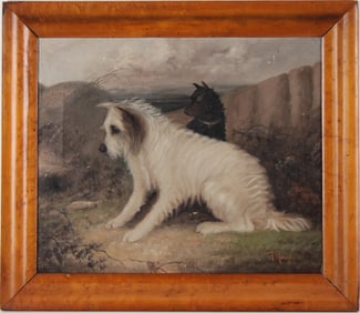 J Langlois, English 1855-1904, Two Terriers, Oil on Canvas