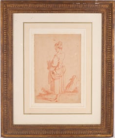 French School, 18th C., Woman Carrying a Basket, Red Chalk on Paper