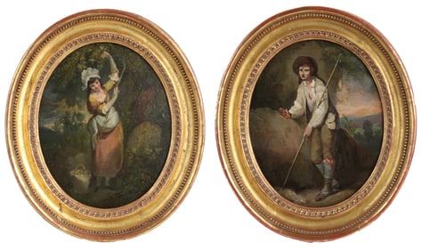 French School, Gathering Flowers & A Shepherd, Pair of Oils on Panel