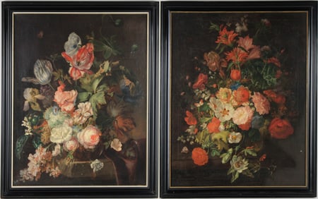 Dutch School, 19th C., Floral Still Lifes, Two Oil on Canvas
