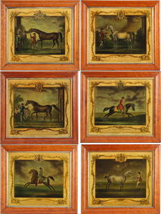 After James Seymour, English 1702-1752, Racehorses, Six Reverse Mezzotints on Glass: After James SeymourEnglish, 1702-1752RacehorsesSix Reverse Mezzotints on GlassHand-colored, by Richard Houston, 1756, published by Robert Clee and Thomas Spencer, London.Light stains, foxing, and othe