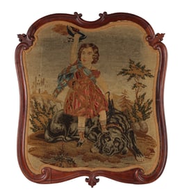 Victorian Wool Embroidered Picture of a Scottish Boy and a Hound