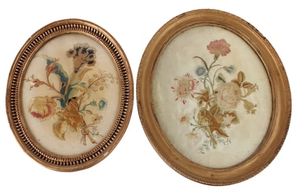 Two Oval Silk Embroidered Flower Pictures