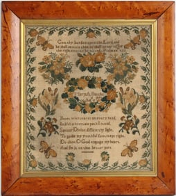 English Needlework Silk on Linen Embroidered Sampler