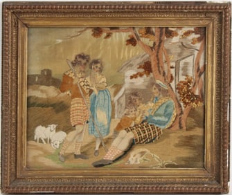 English Wool Work on Silk on Figures and Sheep