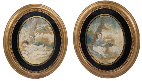 Pair of English Silk Needlework Portraits