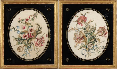 Pair of Silk Embroidered Floral Pictures