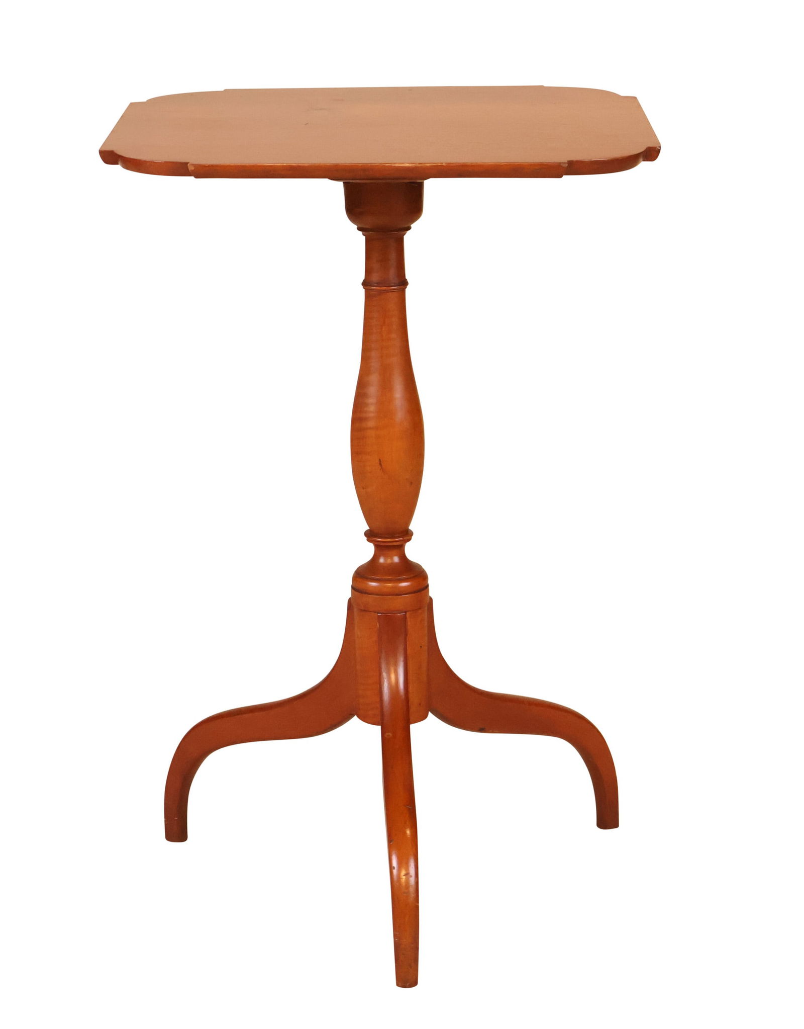 Federal Maple and Tiger Maple Tripod Table: Federal Maple and Tiger Maple Tripod TableAmerican, 19th C. the square top with shaped corners, raised on a baluster stem ending in arched feet.Wear.Provenance: Property From The Estate of Barbara Mal