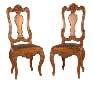 Pair of Rococo Style Carved Oak Side Chairs