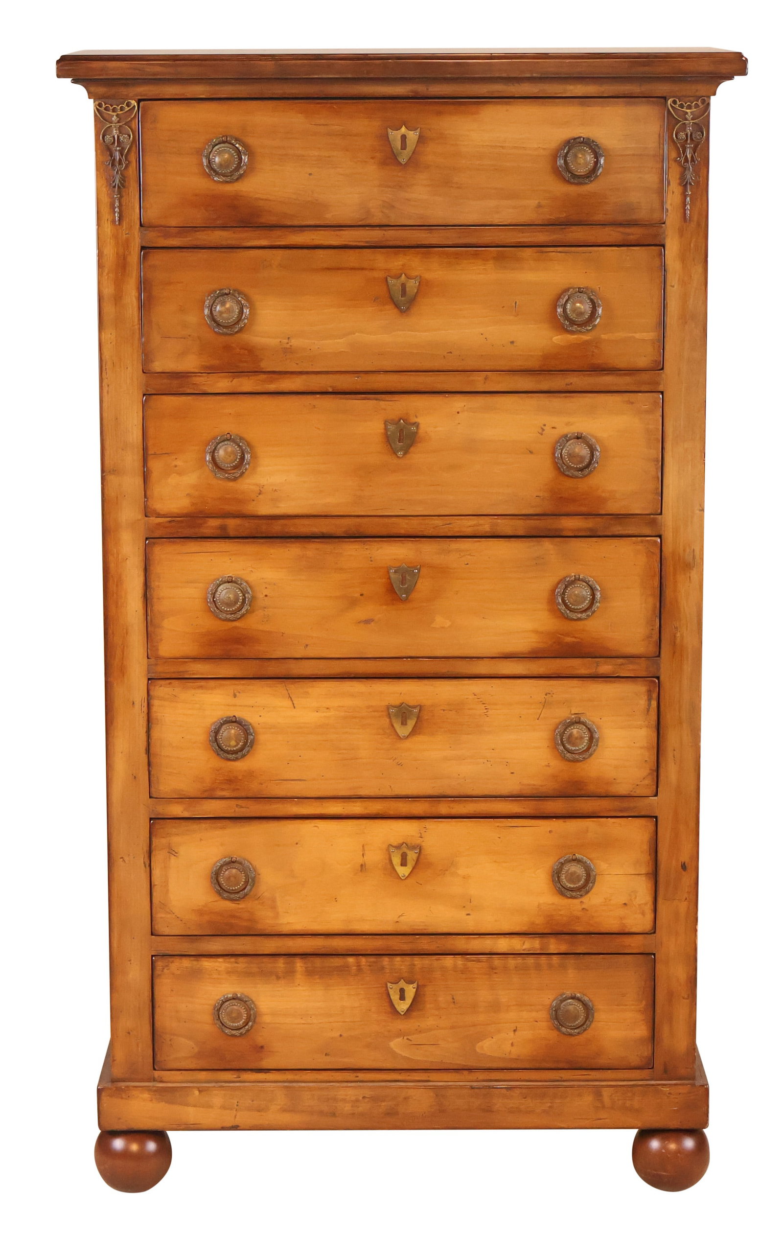 Neoclassical Style Fruitwood Semainier: Neoclassical Style Fruitwood Semainier 20th C. with oak drawers. Some wear. Provenance: Property From The Estate of Barbara Mallory Hathaway 4'9"h x 33"w x 15-1/4"d