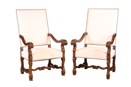 Pair of Baroque Style Carved Mahogany Library Armchairs
