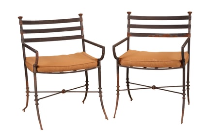 Pair of Black Painted Wrought-Iron Outdoor Armchairs