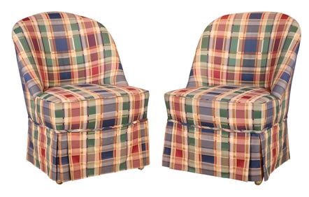 Pair of Plaid-Upholstered Armless Club Chairs