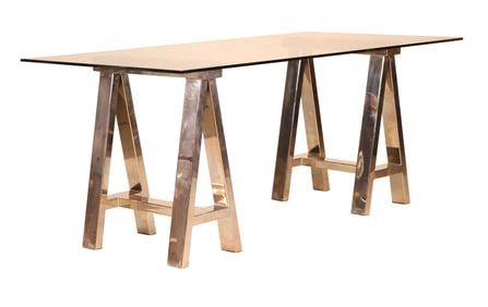 Chrome and Glass Top Two Pedestal Table