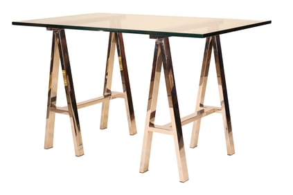 Chrome and Glass Top Two Pedestal Desk