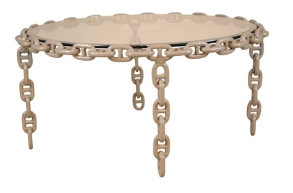 Grey Painted Chain Link and Glass Top Low Table