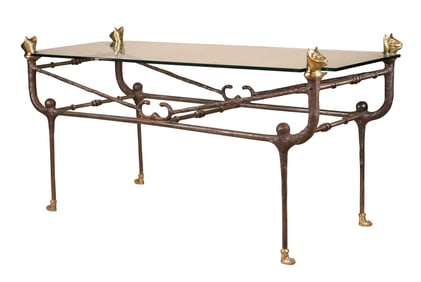 Giacometti Style Wrought-Iron, Brass, and Glass Top Table, Possibly by Paul Ferrante