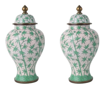 Pair of Chinese Style Bamboo-Decorated Cloisonne Jars