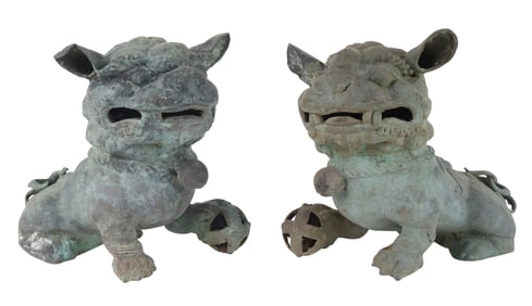 Pair of Chinese Patinated Metal Fu-Lions