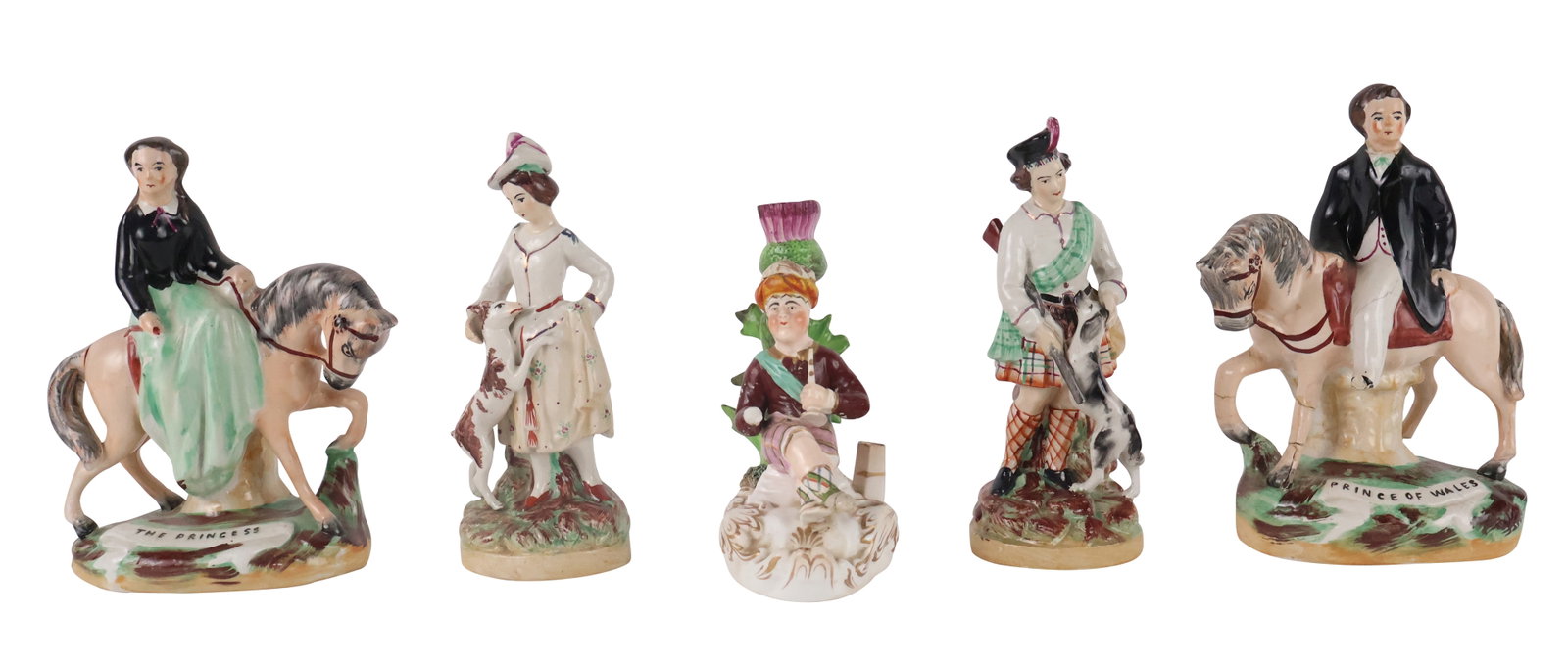 Two Pairs of Staffordshire Pottery Figures: Two Pairs of Staffordshire Pottery Figures Comprising, The Princess and Prince of Wales and a Scottish man and woman with dogs. Together with a pottery figure of a man with pipe and flower-form candle