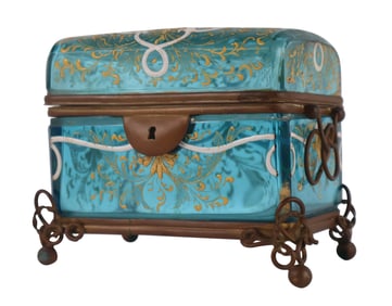 Bohemian Enamel Decorated Blue Glass Jewel Casket