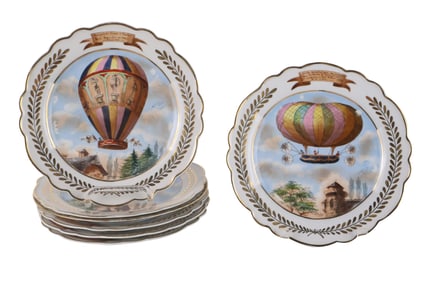 Seven Paris Porcelain Hot Air Balloon Decorated Plates