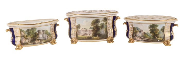 Group of Three Derby Porcelain Bocage Bulb Pots