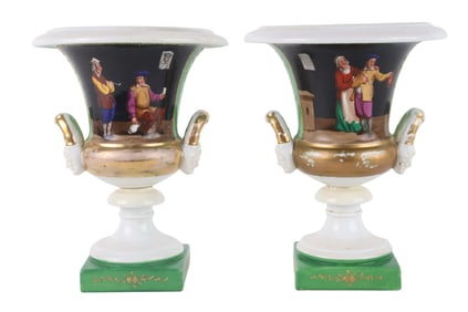 Pair of Continental Painted and Gilt Porcelain Urns