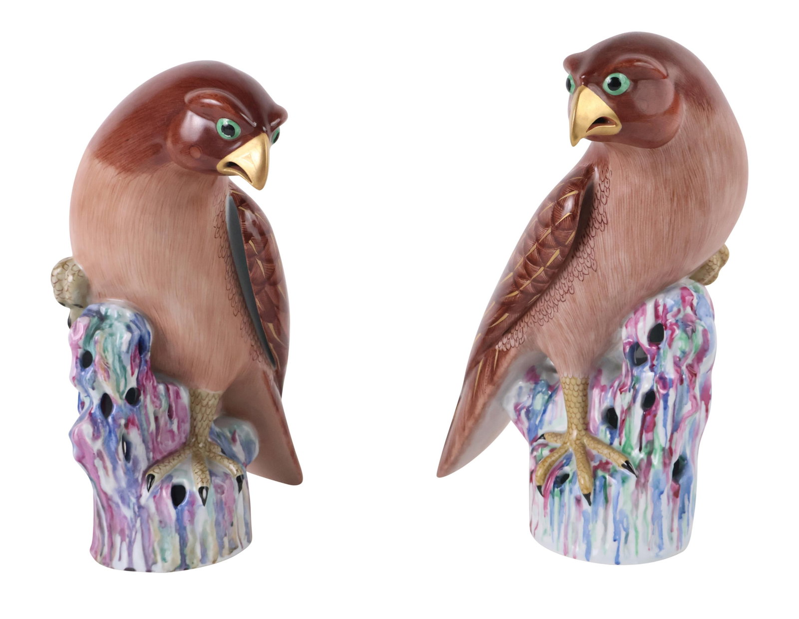 Pair of Mottahedeh Chinese Export Famille Rose Hawks: Pair of Mottahedeh Chinese Export Famille Rose Hawks Reproduction from the Nelson Rockefeller Collection, made in Portugal. One with extensive damage and losses to one wing. Provenance: Property From 