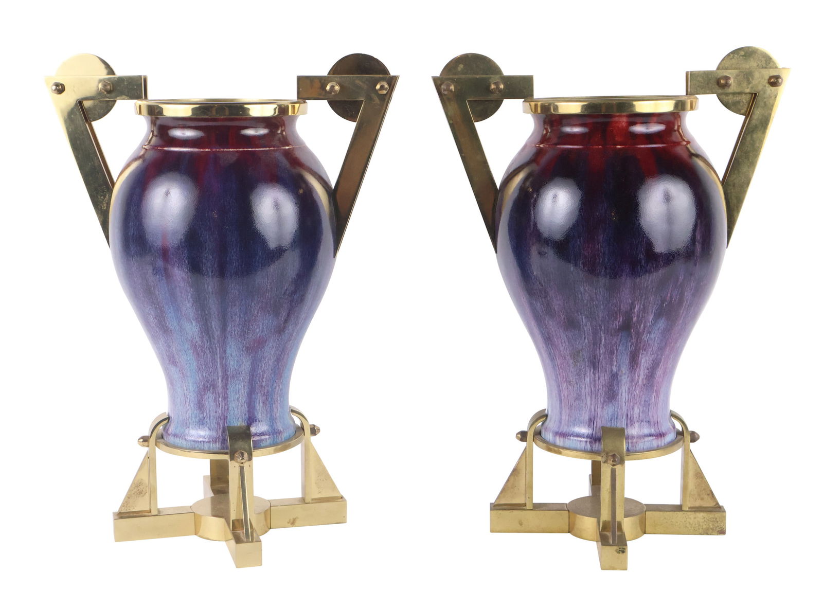 Pair of Art Modern Gilt Bronze Mounted Flambe Earthenware Vases (1 of 10)