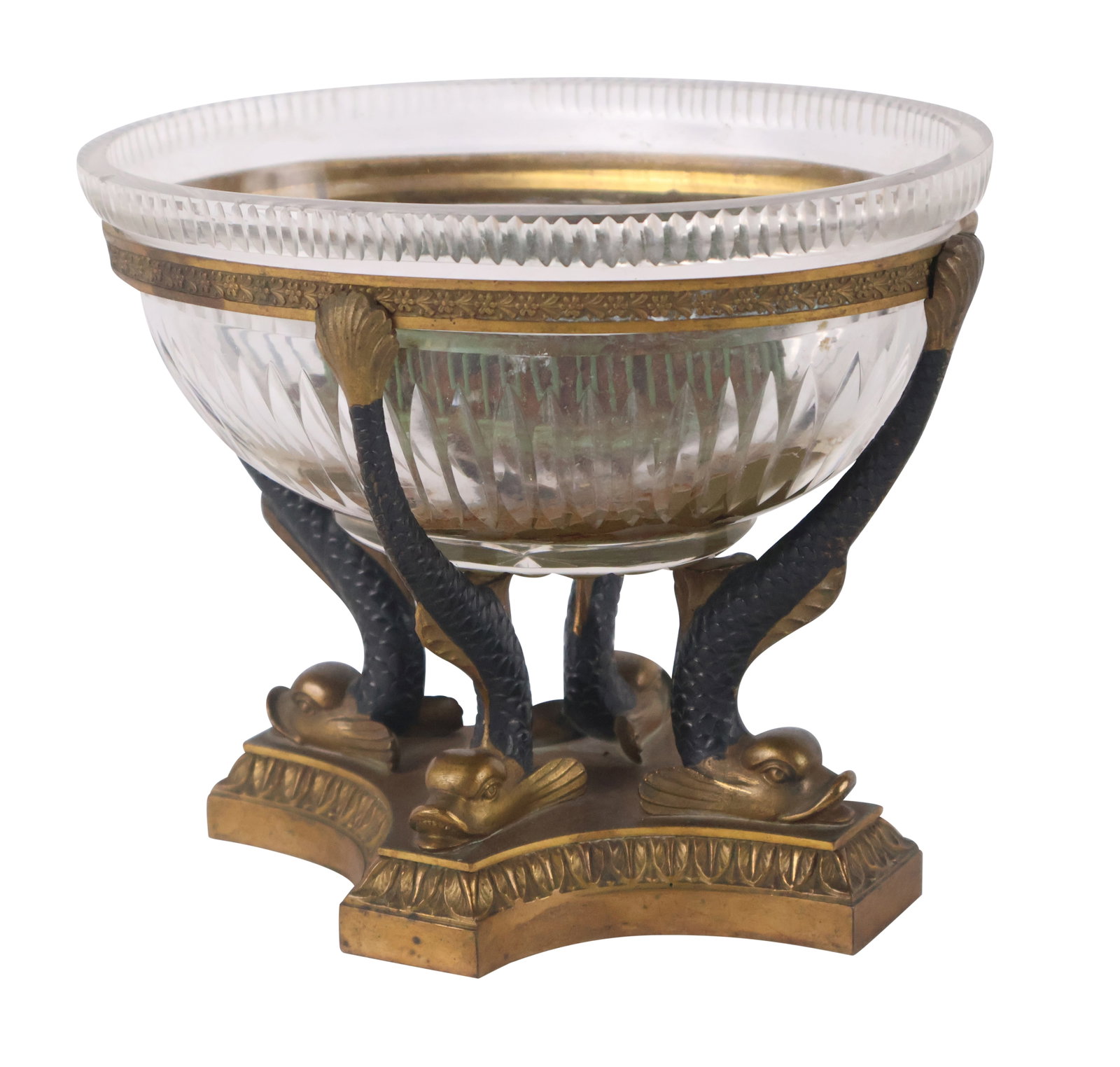 Empire Style Cut Glass Bowl: Empire Style Cut Glass Bowl Late 19th C. of oval form, on a bronze dolphin-form supports. With plastic frog adhered to inside, some wear. Provenance: From The Estate of Barbara Mallory Hathaway 5-3/4&