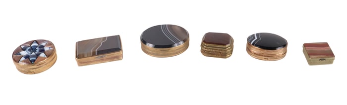 Group of Six Agate and Gilt Metal Snuff Bottles