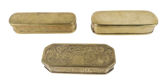 Three Engraved Brass Tobacco Boxes