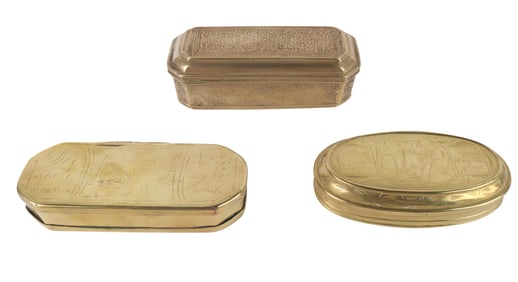 Three Engraved Brass Tobacco Boxes