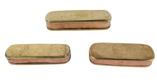Three Engraved Brass and Copper Tobacco Boxes