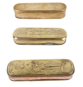 Three Engraved Brass and Copper Tobacco Boxes