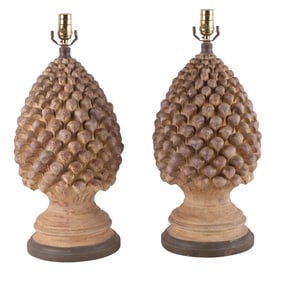 Pair of Composite Wood Pine Cone Form Table Lamps