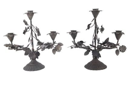 Pair of Tin Floral-Decorated Candelabra