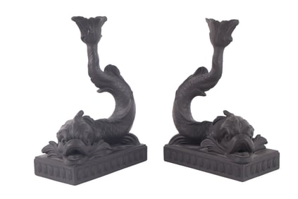 Pair of Regency Style Wedgwood Basalt Dolphin-Form Candlesticks