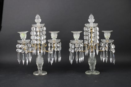 Pair of Regency Brass and Cut Glass Two-Light Girandoles